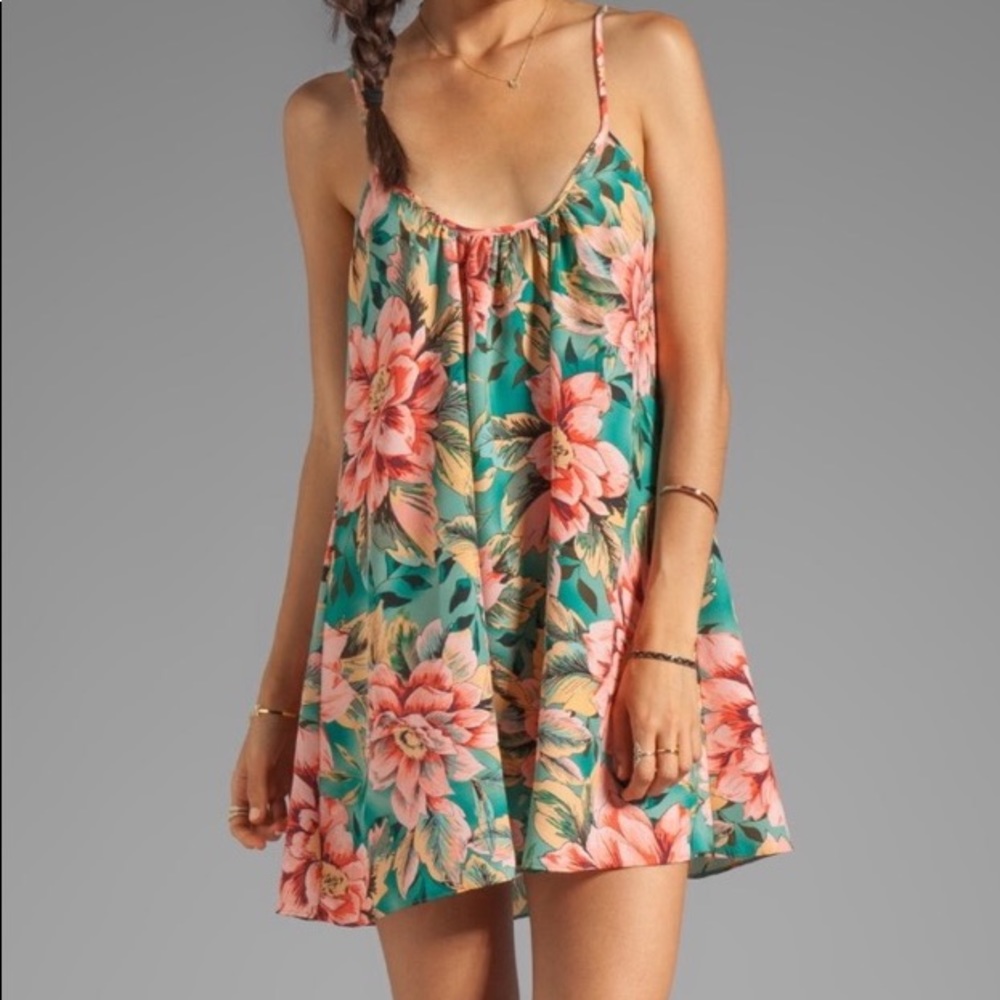 Show Me Your MuMu Teal Floral Slip Mini Dress with Pink Blooms